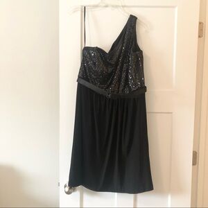Black, sequenced, one shoulder cocktail dress with belt detail